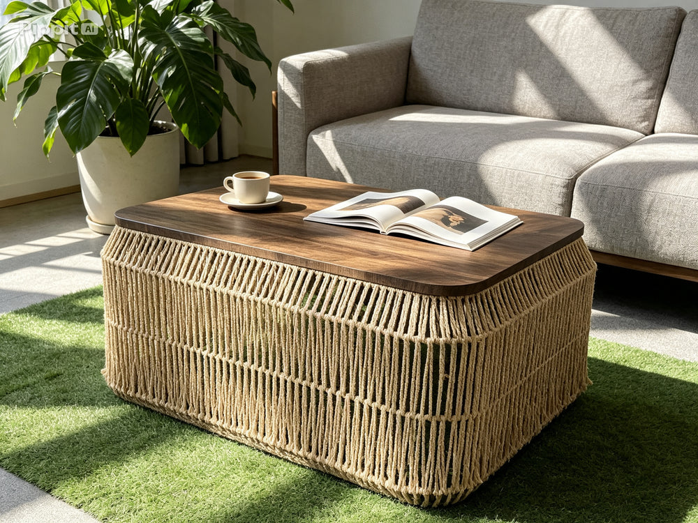 Table basse carrée plateau bois et base à franges de corde tressée