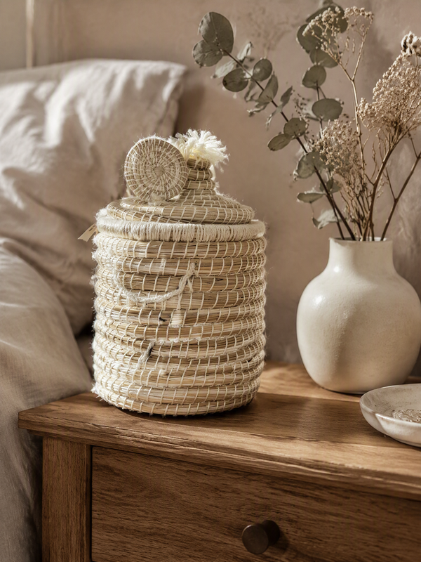 Panier de rangement tressé fait main avec couvercle et pompon