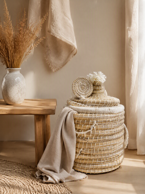 Panier de rangement tressé fait main avec couvercle et pompon