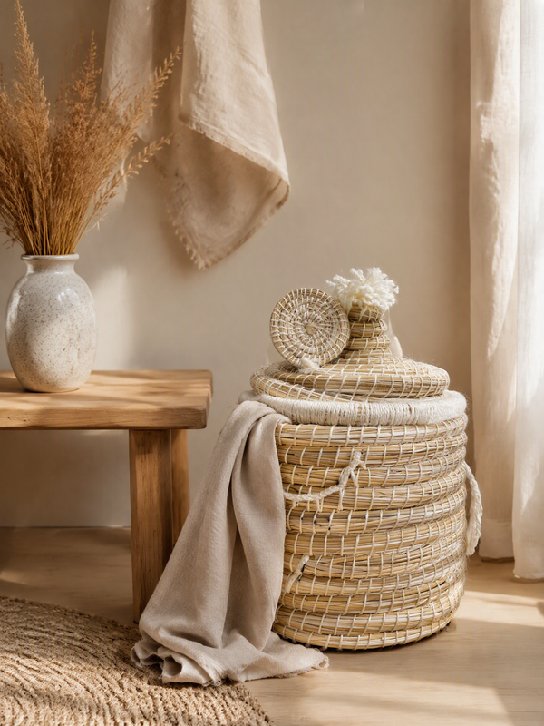 Panier de rangement tressé fait main avec couvercle et pompon