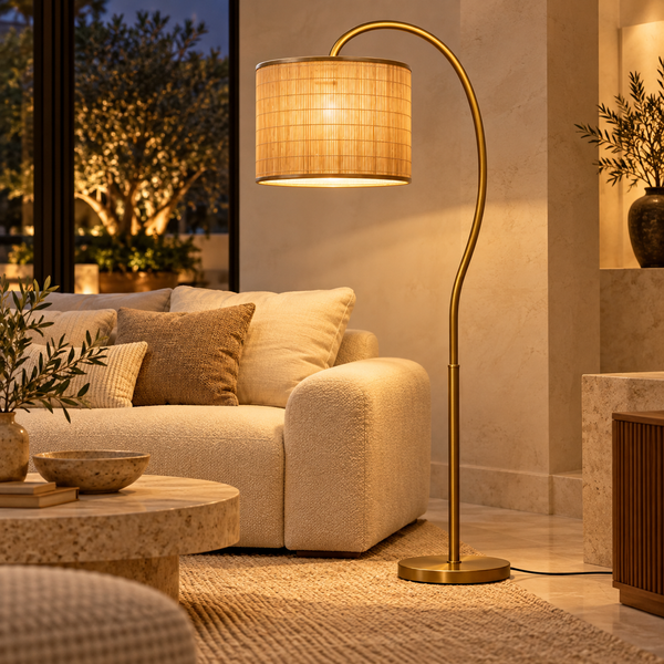 Lampadaire arqué « Aurore » – Pied noir, tige dorée et abat-jour en bambou
