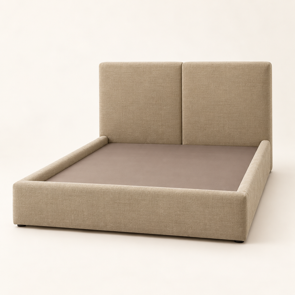 Lit Plateforme Beige Sable en Tissu Texturé, Tête de Lit Haute à Deux Panneaux