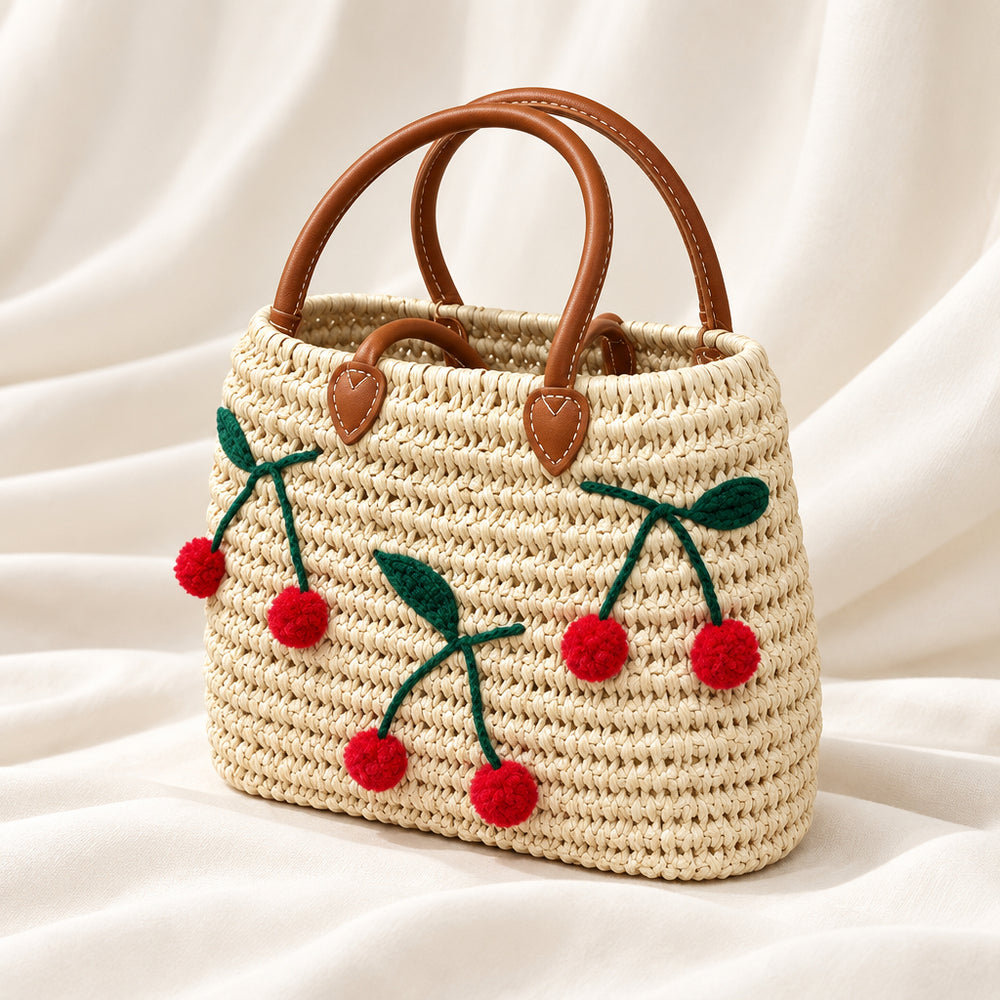 Panier Cabas en Paille Tressée avec Cerises Brodées et Anses en Cuir
