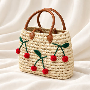 Panier Cabas en Paille Tressée avec Cerises Brodées et Anses en Cuir