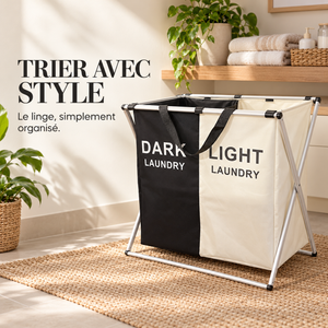 Panier à linge pliable 2 compartiments – Tri clair et foncé, structure aluminium et sacs en tissu
