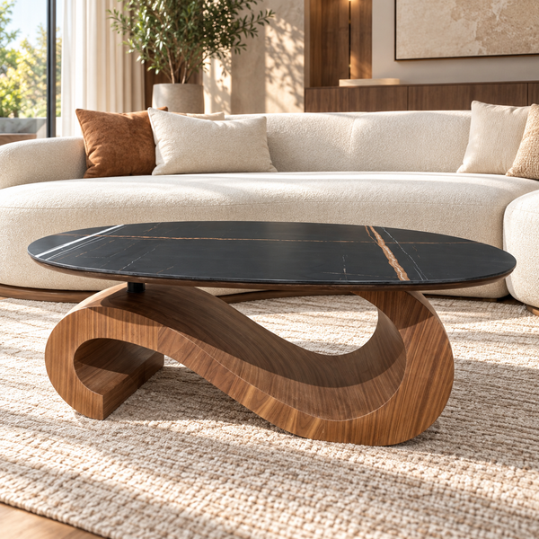 Table basse sculpturale en S – Base en noyer et plateau ovale noir effet marbre