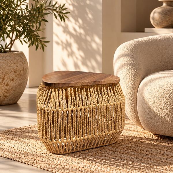 Table d'appoint « Raphia » en corde tressée – Plateau triangulaire en bois effet noyer
