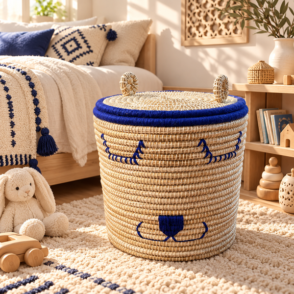 Panier de rangement ourson avec couvercle, fibres naturelles et fil bleu, pour chambre d'enfant