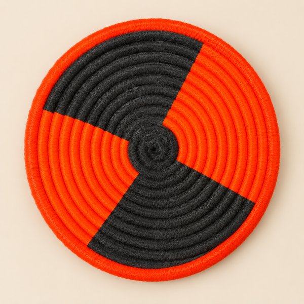 Panier de rangement rond tressé main – Fil orange et gris anthracite, motif graphique en spirale