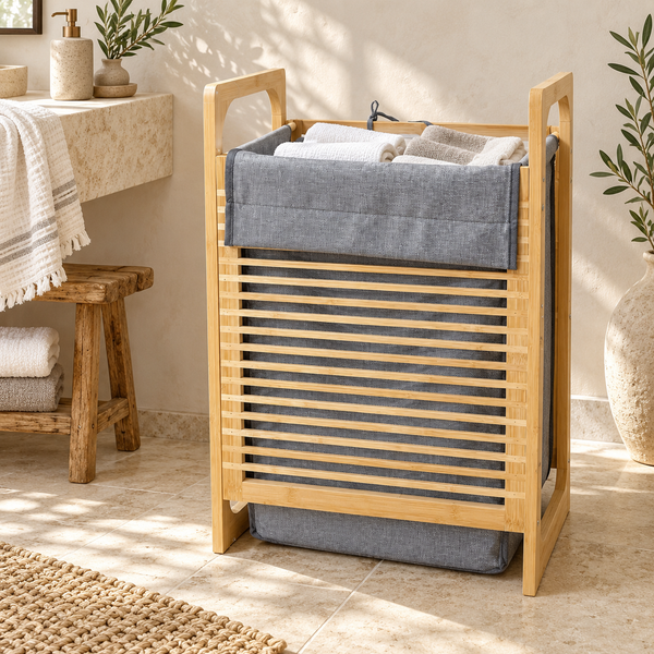 Panier à linge sur structure en bambou – Sac en tissu gris amovible