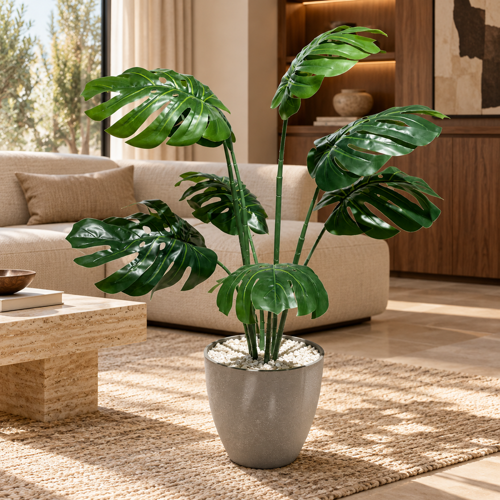 Monstera Deliciosa Artificiel avec Pot Gris Effet Pierre Évasé