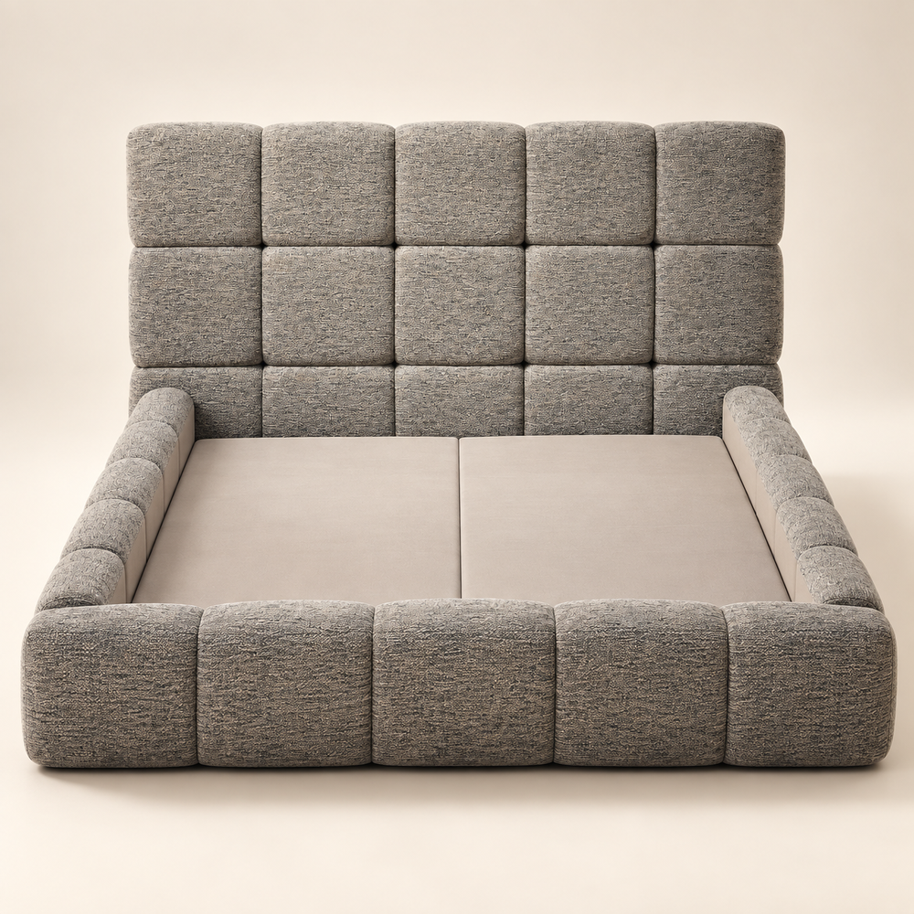 Lit Plateforme Gris Chiné en Tissu Bouclé, Tête de Lit et Cadre Matelassés en Carreaux