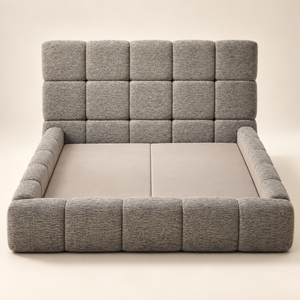 Lit Plateforme Gris Chiné en Tissu Bouclé, Tête de Lit et Cadre Matelassés en Carreaux