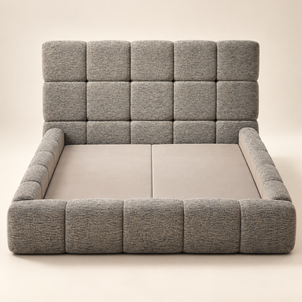 Lit Plateforme Gris Chiné en Tissu Bouclé, Tête de Lit et Cadre Matelassés en Carreaux