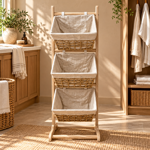 Étagère de rangement à 3 paniers – Structure en bois clair et paniers tressés avec doublure en tissu beige