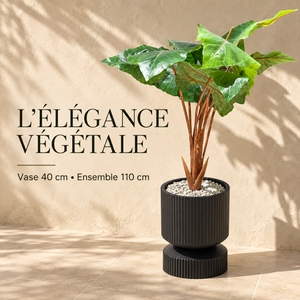 Plante Artificielle Alocasia à Grandes Feuilles avec Pot Noir Strié sur Pied