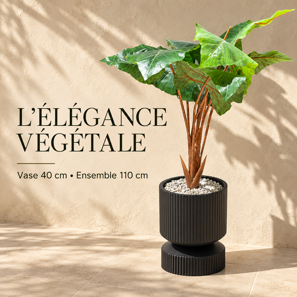 Plante Artificielle Alocasia à Grandes Feuilles avec Pot Noir Strié sur Pied