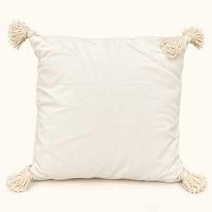 Housse de Coussin Écru Brodée Calligraphie Arabe et Palmier, Pompons aux Coins