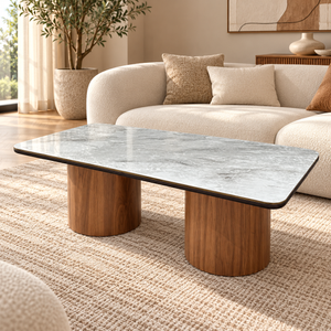 Table basse rectangulaire à double piètement – Bases en noyer et plateau gris effet marbre