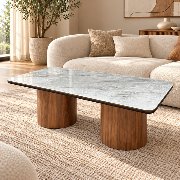 Table basse rectangulaire à double piètement – Bases en noyer et plateau gris effet marbre