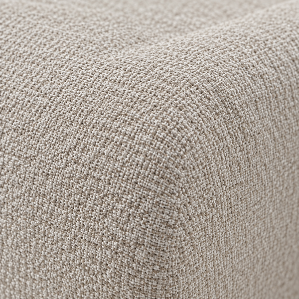 Lit « Lune » en tissu bouclé beige – Tête de lit ovale, design bas