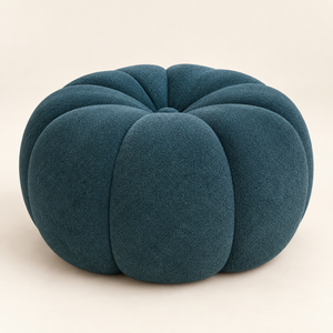 Pouf Citrouille Bleu Canard en Tissu Bouclé, Forme Arrondie à Quartiers