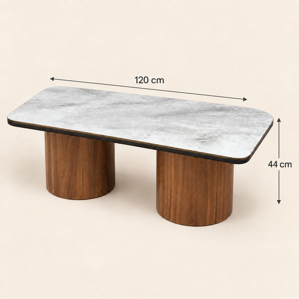 Table basse rectangulaire à double piètement – Bases en noyer et plateau gris effet marbre