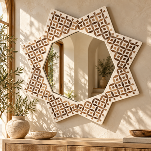 Miroir mural étoilé en bois – Motif géométrique marocain incrusté, style oriental