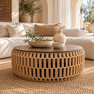 Table basse ronde « Raphia » en corde tressée – Plateau rond en bois effet noyer