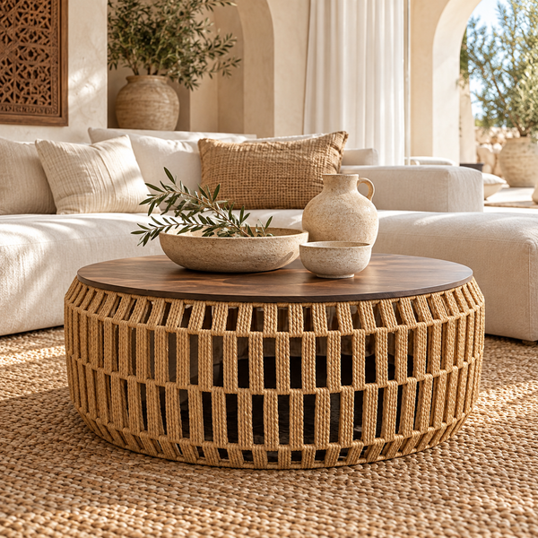 Table basse ronde « Raphia » en corde tressée – Plateau rond en bois effet noyer