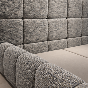Lit Plateforme Gris Chiné en Tissu Bouclé, Tête de Lit et Cadre Matelassés en Carreaux