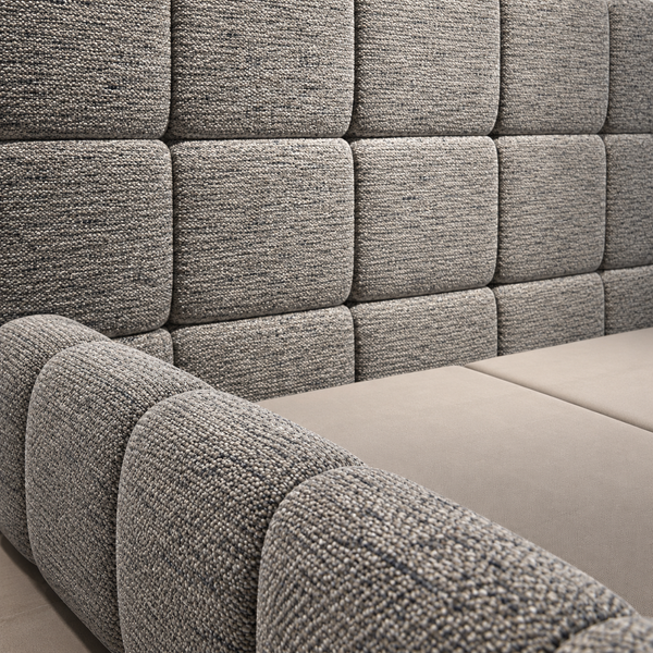Lit Plateforme Gris Chiné en Tissu Bouclé, Tête de Lit et Cadre Matelassés en Carreaux