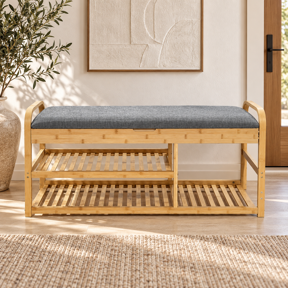 Banc à chaussures en bambou avec assise rembourrée gris – Rangement 2 niveaux & poignées courbes