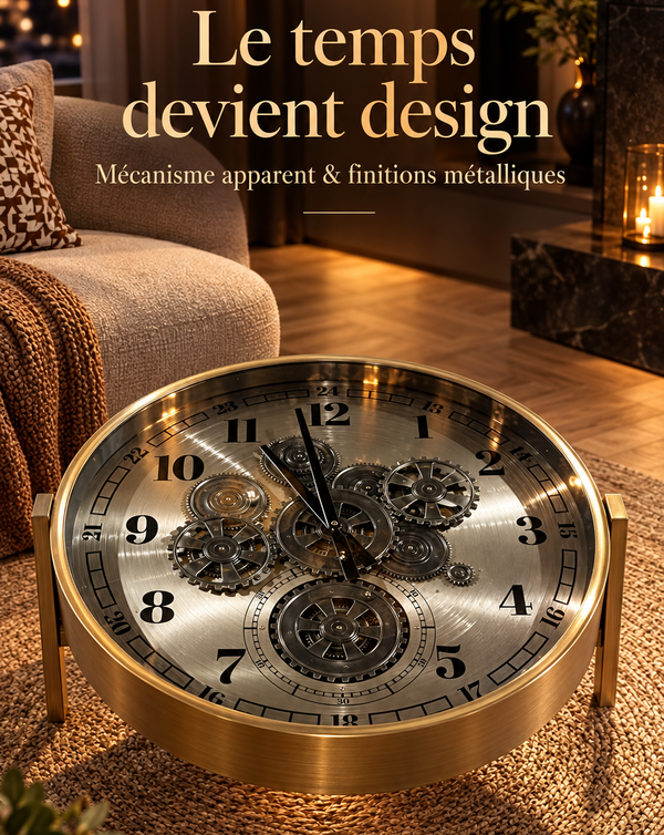 Table basse ronde horloge à engrenages – Structure dorée laiton brossé & plateau vitré