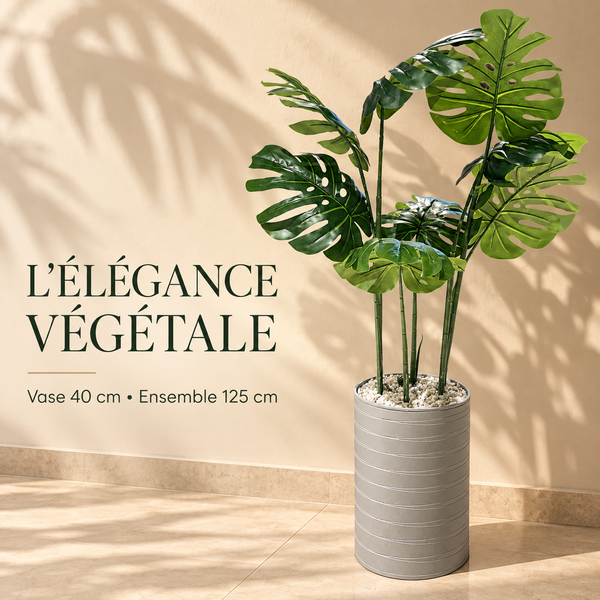Monstera Deliciosa Artificiel avec Haut Pot Cylindrique Gris Taupe à Fines Rainures