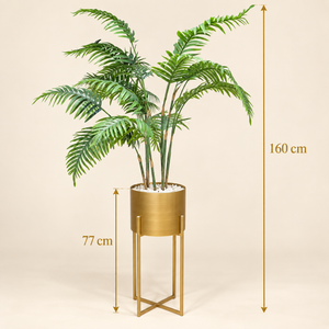 Palmier Artificiel à Palmes Retombantes avec Pot Cylindrique Doré Brossé sur Support Métal