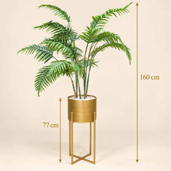 Palmier Artificiel à Palmes Retombantes avec Pot Cylindrique Doré Brossé sur Support Métal