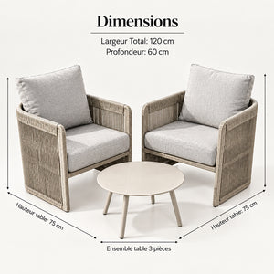 Ensemble extérieur 3 pièces avec 2 chaises et table ronde