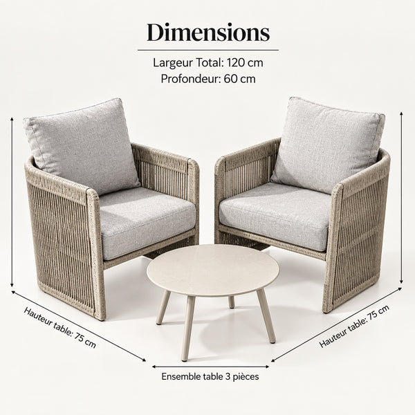 Ensemble extérieur 3 pièces avec 2 chaises et table ronde