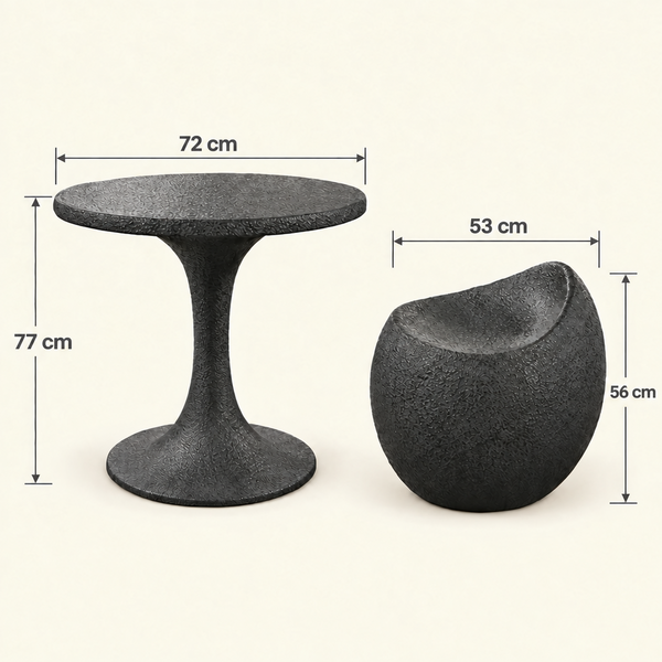 Ensemble bistrot 2 places – Table ronde tulipe et 2 fauteuils galets en finition texturée anthracite