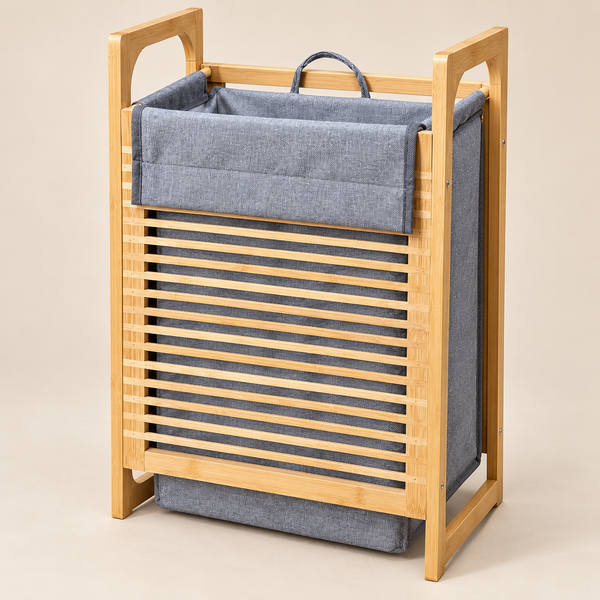 Panier à linge sur structure en bambou – Sac en tissu gris amovible