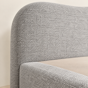 Lit Plateforme Gris Chiné en Tissu Bouclé, Tête de Lit Courbe Ondulée