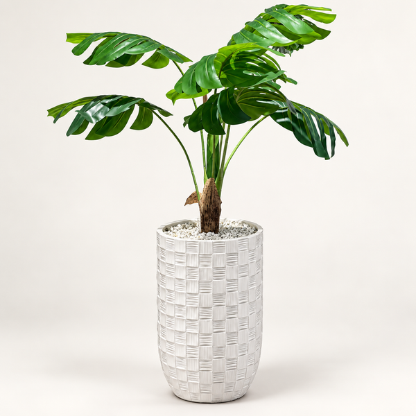 Monstera Artificiel avec Grand Pot Blanc Texturé à Motif Damier