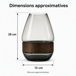 Un vase élégant associant verre transparent et bois foncé, idéal pour une décoration moderne et chaleureuse.