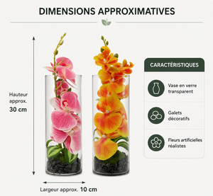 Vase Décoratif en Verre avec Fleurs Orchidées Artificielles