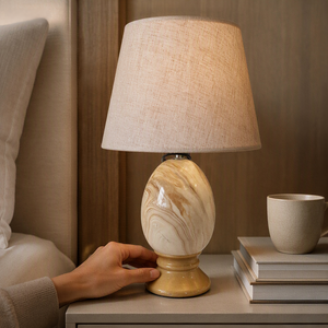 Lampe de Table en Céramique Marbrée et Base Dorée