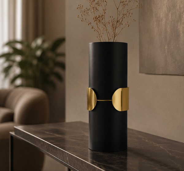 Vase Cylindrique Noir Mat avec Bande Dorée
