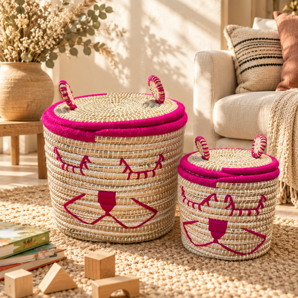 Set de 2 paniers de rangement chaton avec couvercle, fibres naturelles et fil rose fuchsia, pour chambre d'enfant