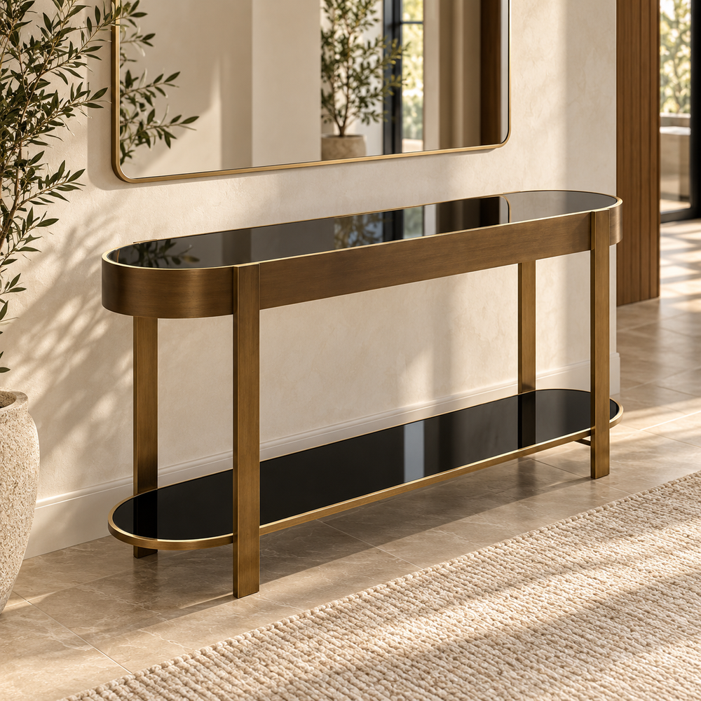 Console « Élysée » ovale en bois et laiton – Plateaux en verre noir, double niveau