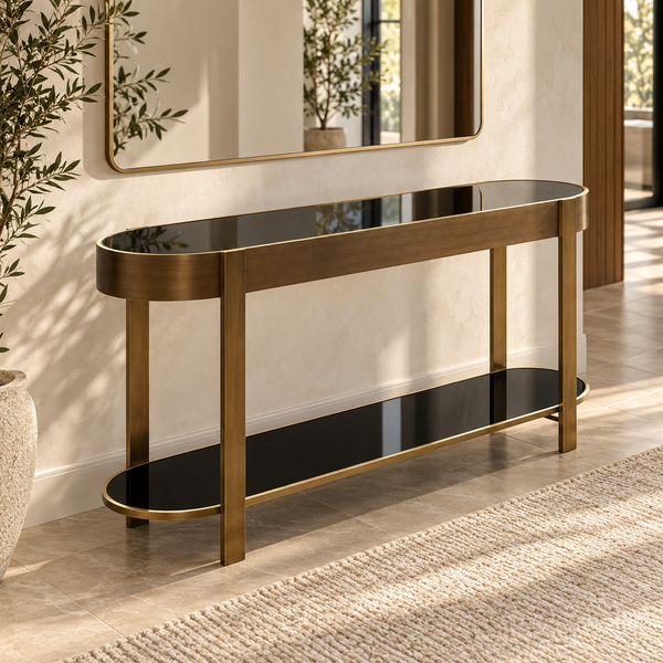 Console « Élysée » ovale en bois et laiton – Plateaux en verre noir, double niveau